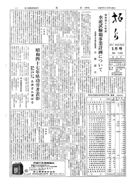 ■第188号表紙　1972年5月　昭和47年度　水産試験場事業計画について　県水試場長　井澤康夫