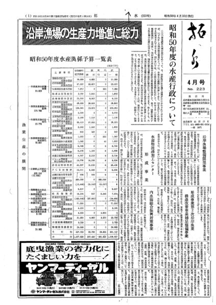 ■第223号表紙　1975年4月　昭和50年度兵庫県水産予算ー200海里時代への対応　沿岸漁場の生産力増大ー県水産課　